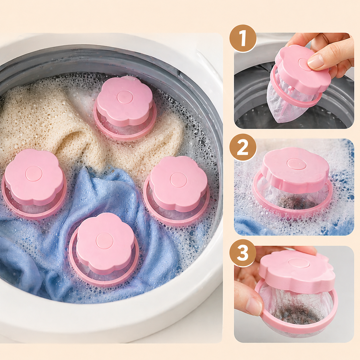 Set of 4 Zark Pet laundry machine lint catcher capsules for trapping pet hair and lint during washing.