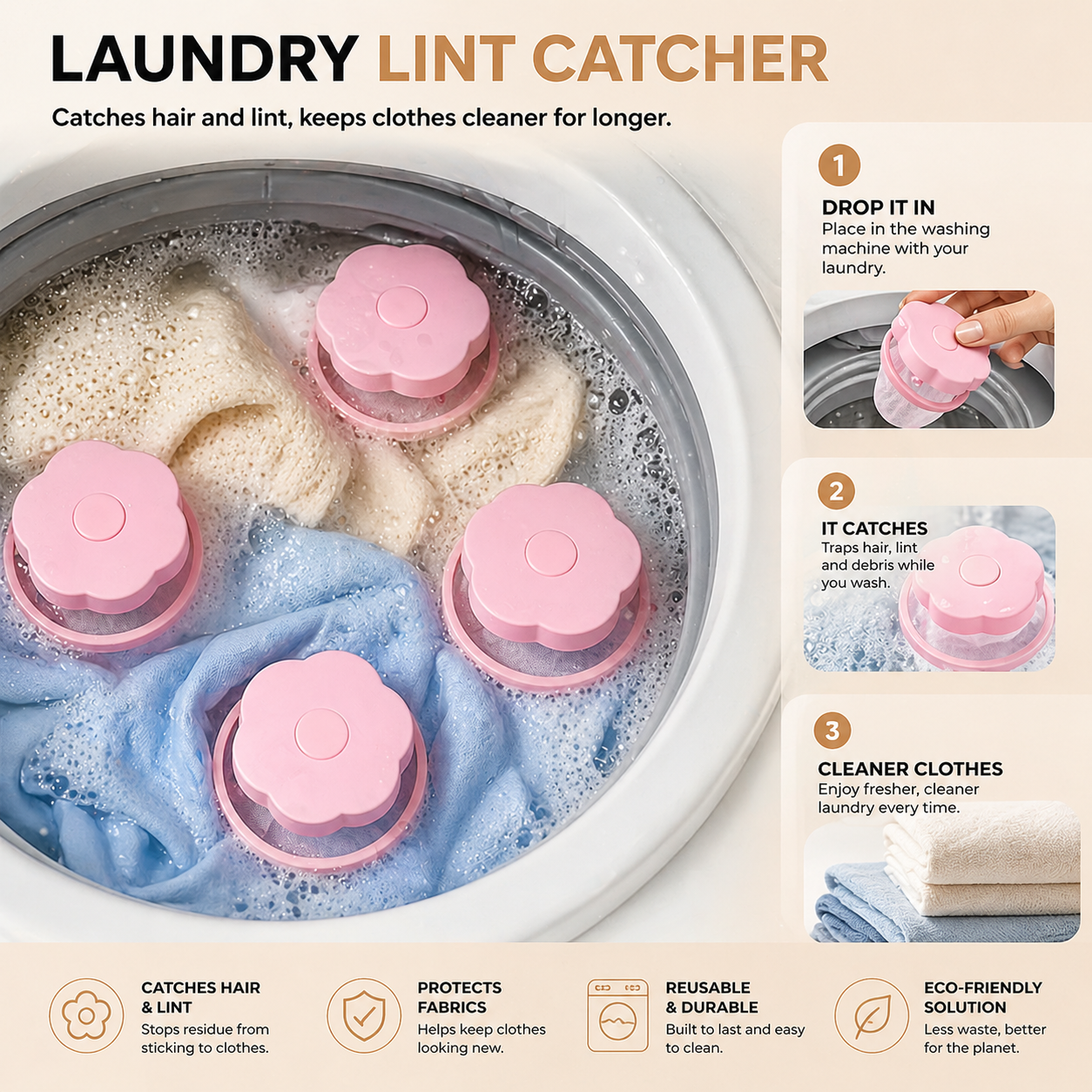 Set of 4 Zark Pet laundry capsule attractors for washing machines, designed to catch pet hair and lint during laundry.
