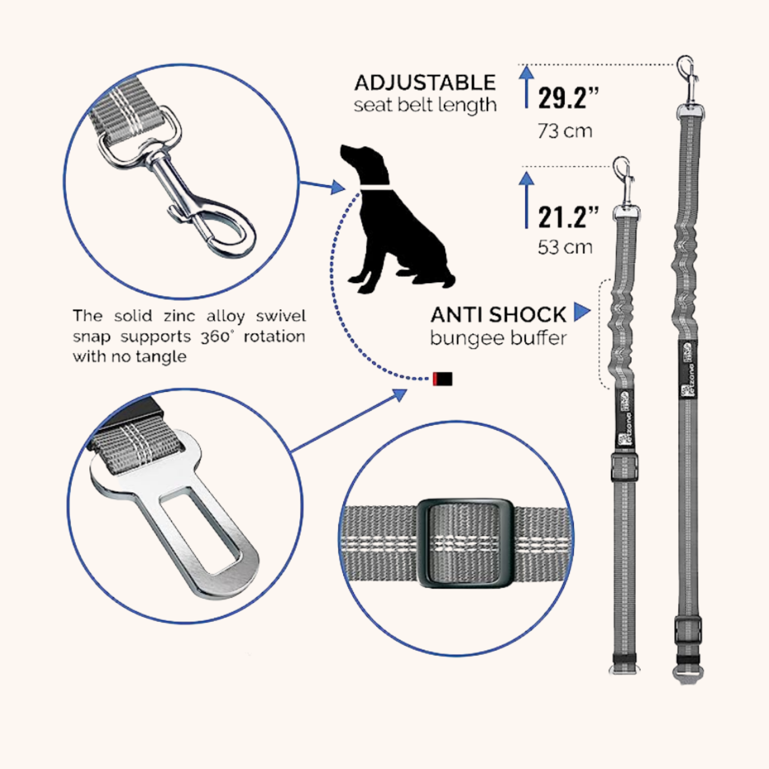 Dog Safety Seat Belt with Elastic Bungee Buffer - Zark Pet