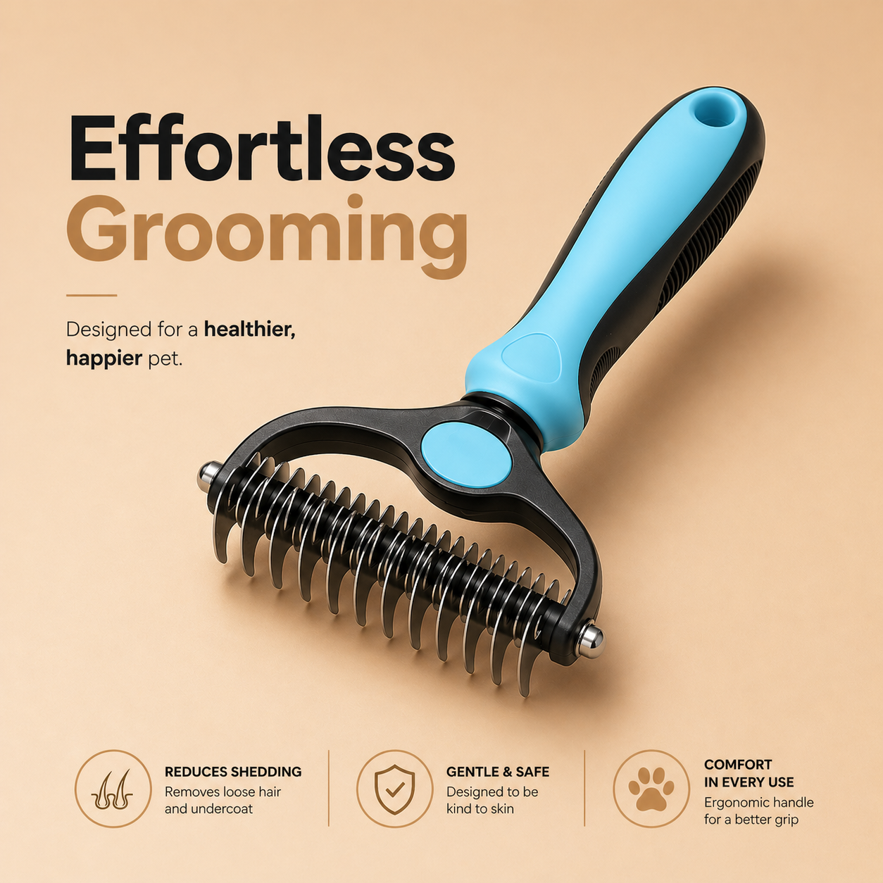 Zark Pet double-sided undercoat deshedder tool for grooming pets, showing the dual-sided design for removing loose undercoat hair.
